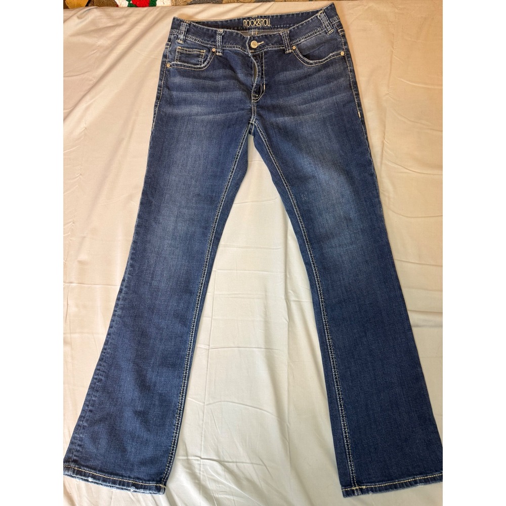 Rock & Roll Cowgirl Boyfriend Jeans Women 30x34 Blue Embroidered Relaxed Western